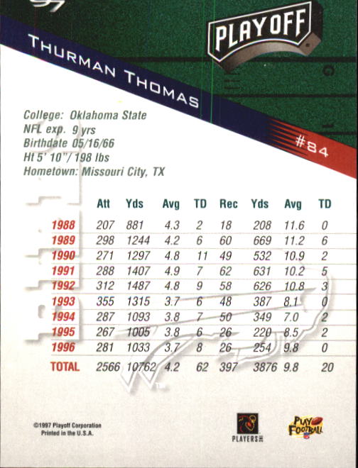 1997 Playoff Zone #84 Thurman Thomas back image