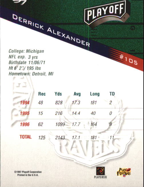 1997 Playoff Zone #105 Derrick Alexander WR back image