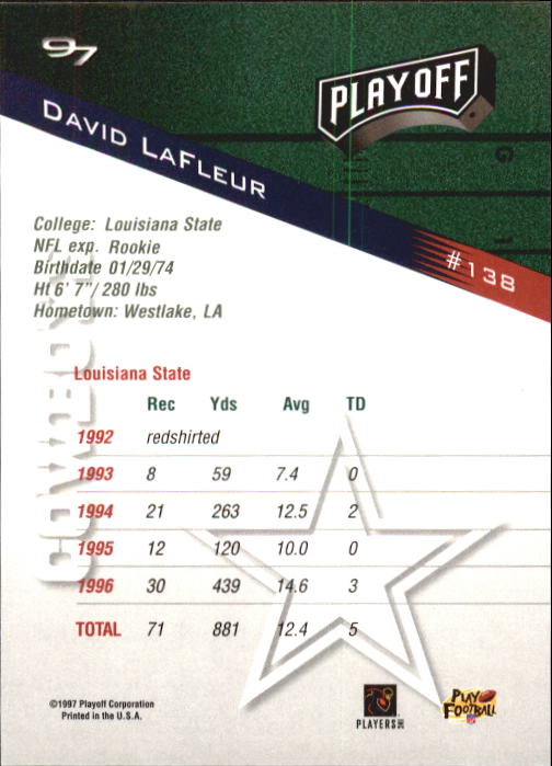 1997 Playoff Zone #138 David LaFleur RC back image