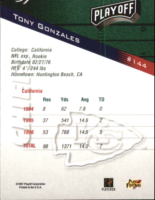 1997 Playoff Zone #144 Tony Gonzalez RC back image