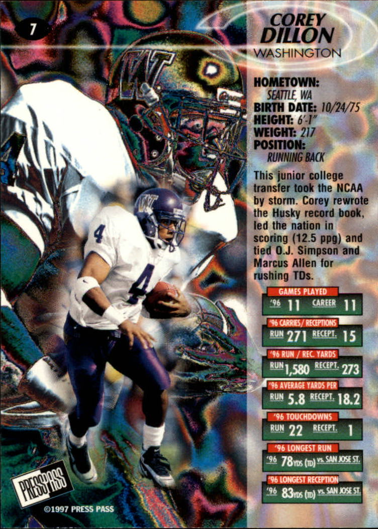 1997 Press Pass #7 Corey Dillon back image