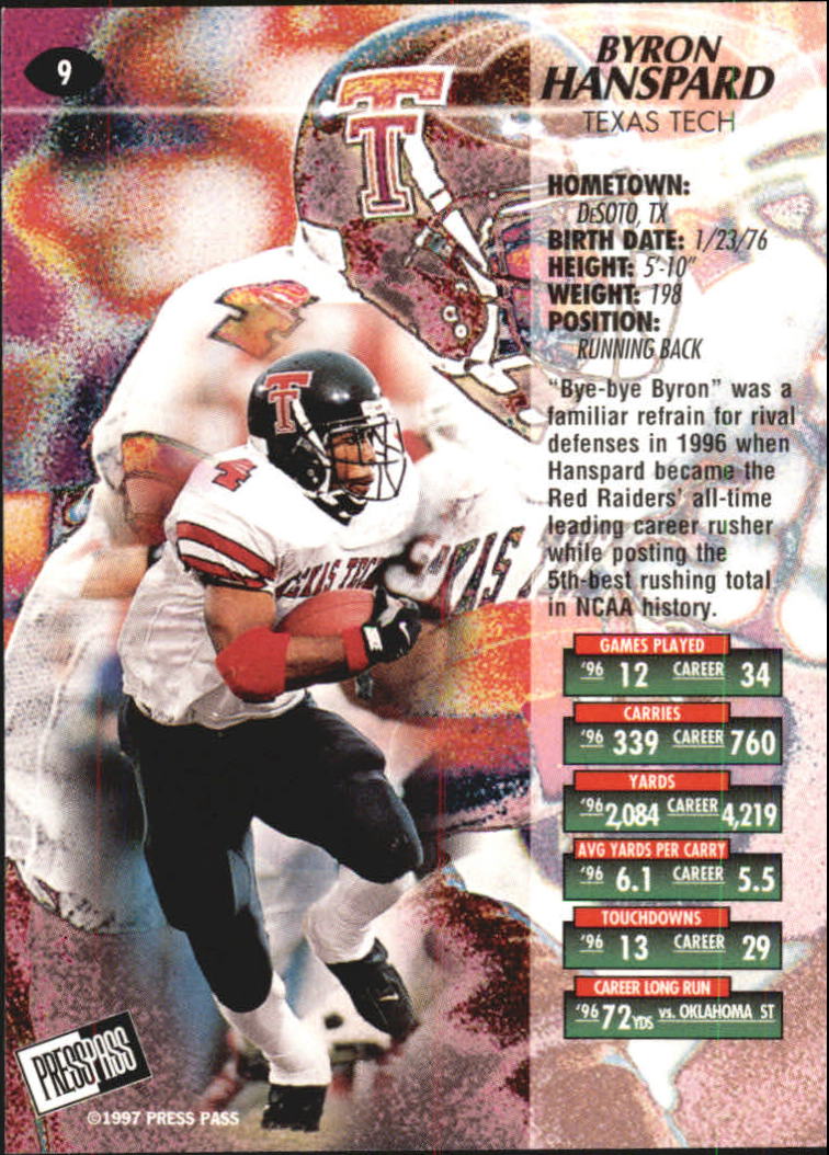 1997 Press Pass Red Zone #9 Byron Hanspard back image