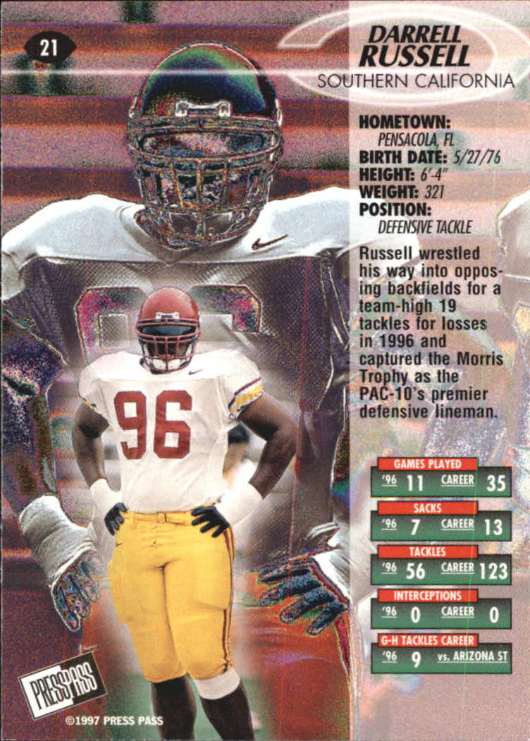 1997 Press Pass Red Zone #21 Darrell Russell back image