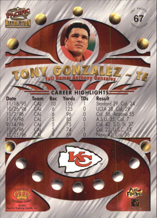 1997 Revolution #67 Tony Gonzalez RC back image