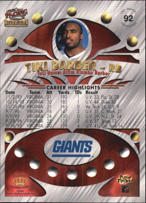 1997 Revolution #92 Tiki Barber RC back image