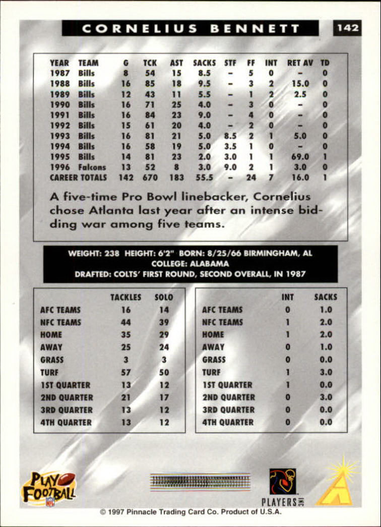 1997 Score #142 Cornelius Bennett back image