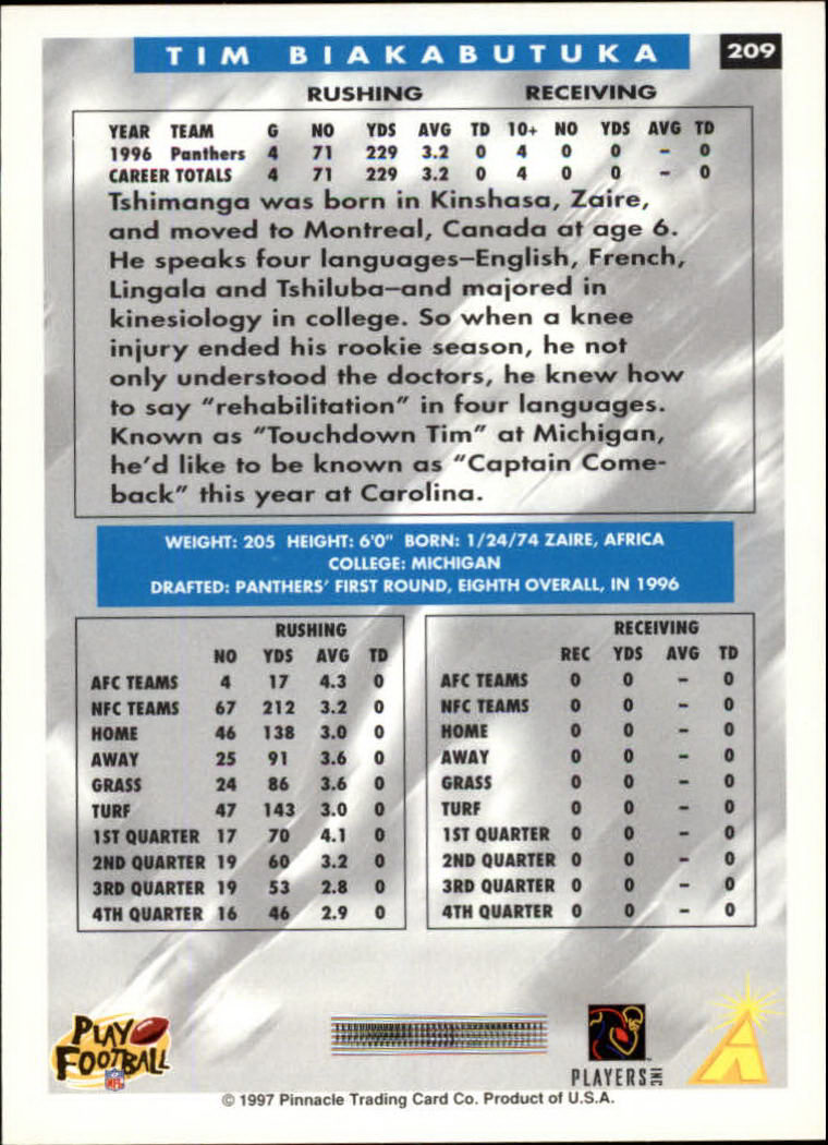 1997 Score #209 Tim Biakabutuka back image