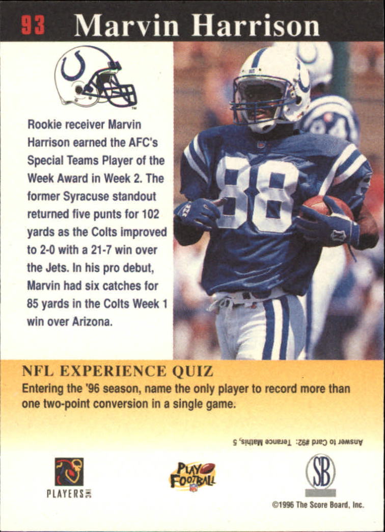 1997 Score Board NFL Experience #93 Marvin Harrison back image