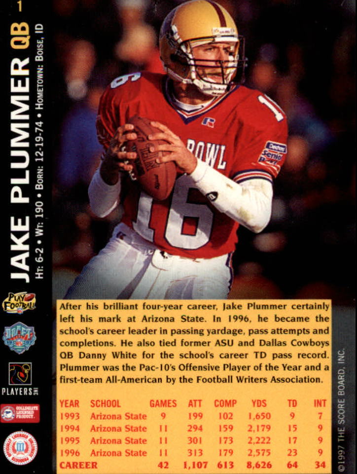 1997 Score Board NFL Rookies #1 Jake Plummer back image