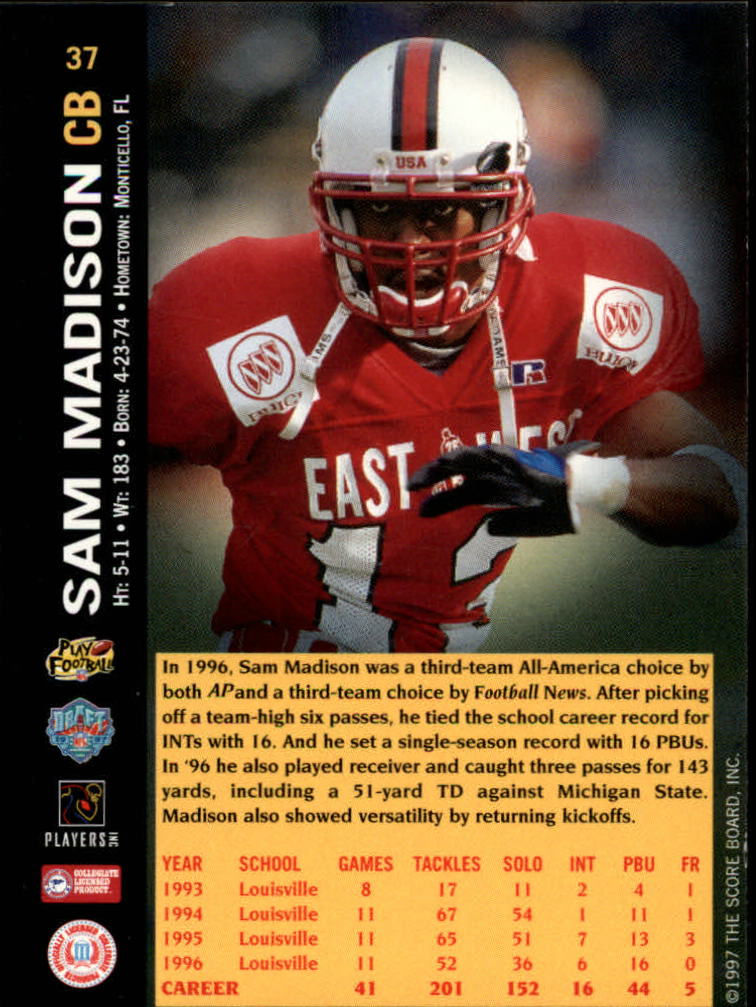 1997 Score Board NFL Rookies #37 Sam Madison back image