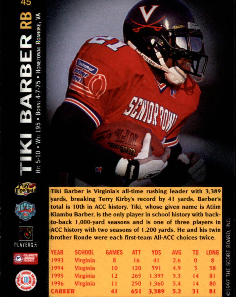 1997 Score Board NFL Rookies #45 Tiki Barber back image