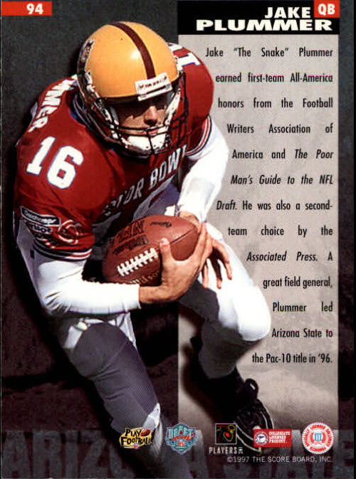 1997 Score Board NFL Rookies #94 Jake Plummer AA back image