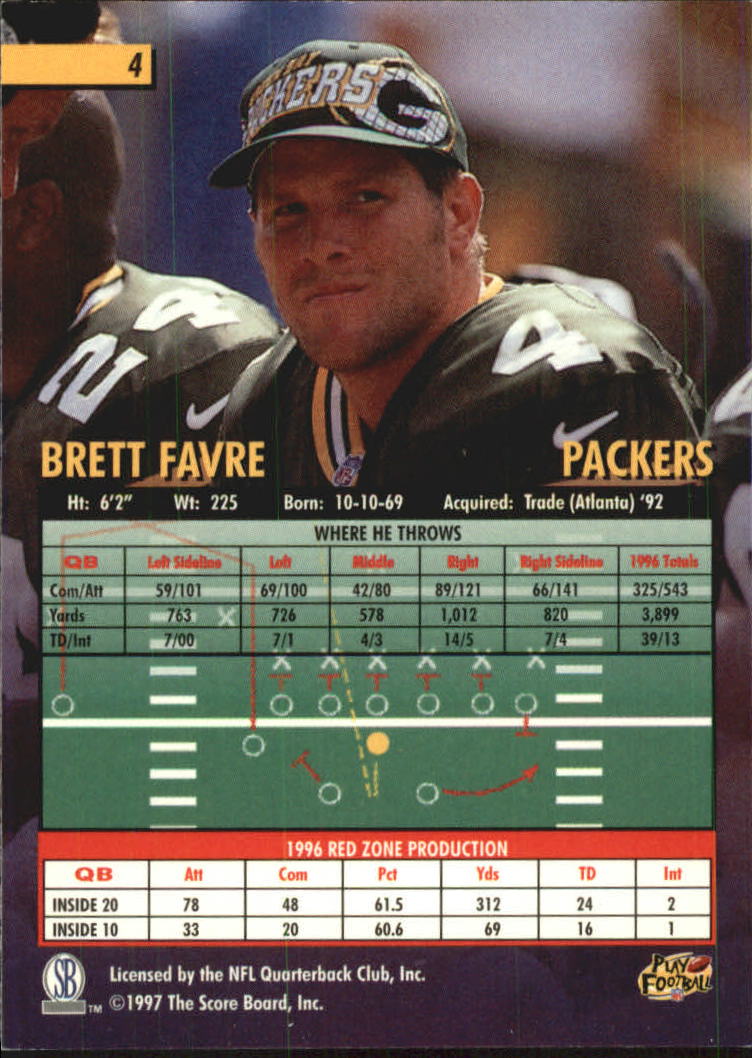 1997 Score Board Playbook #4 Brett Favre back image