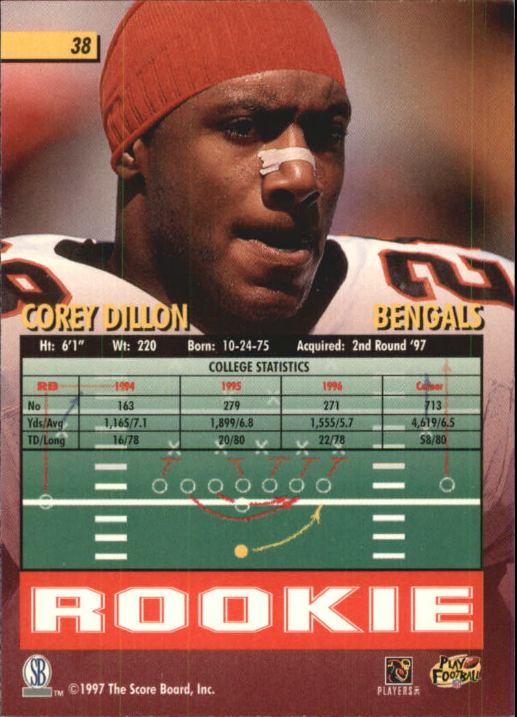 1997 Score Board Playbook #38 Corey Dillon RC back image