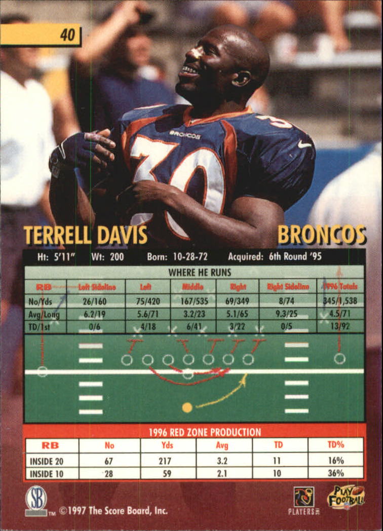 1997 Score Board Playbook #40 Terrell Davis back image