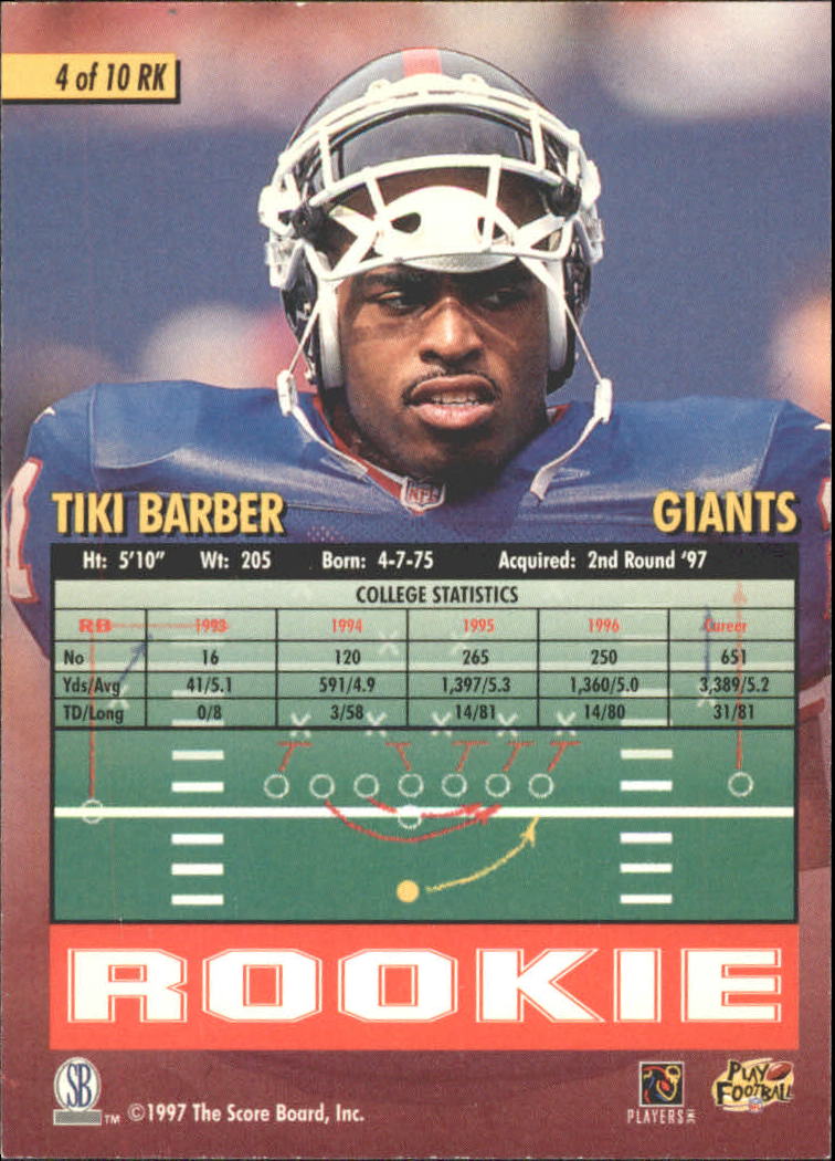 1997 Score Board Playbook By The Numbers #RK4 Tiki Barber RC back image