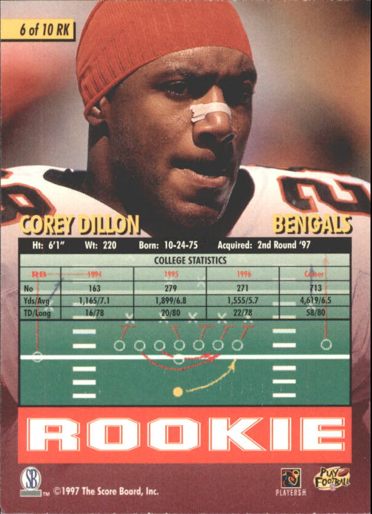 1997 Score Board Playbook By The Numbers #RK6 Corey Dillon RC back image