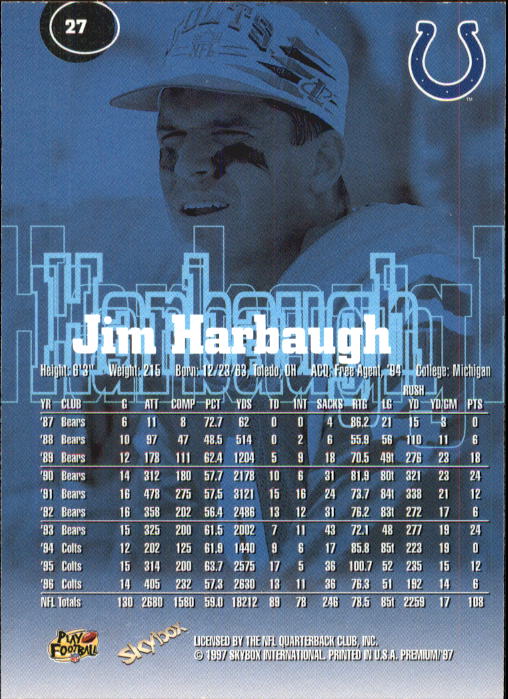 1997 SkyBox Premium #27 Jim Harbaugh back image