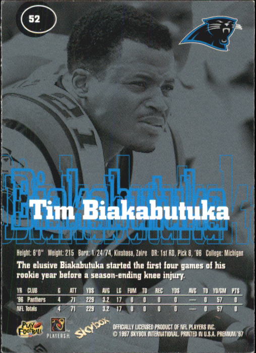 1997 SkyBox Premium #52 Tim Biakabutuka back image