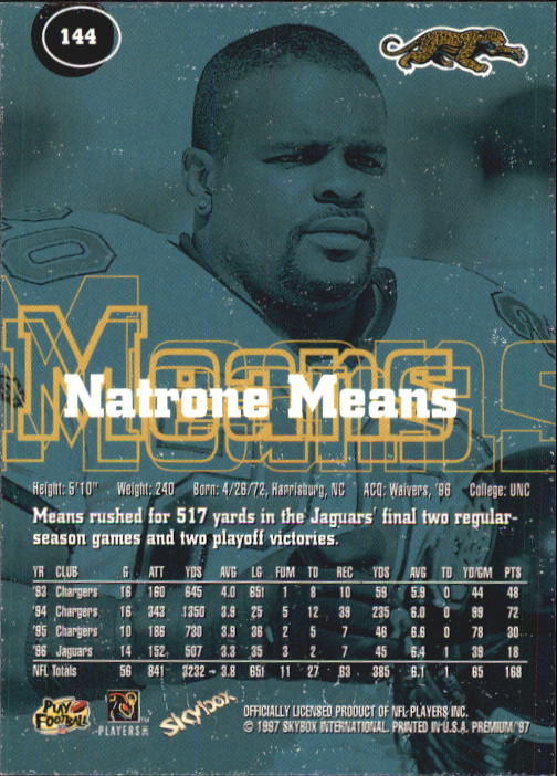 1997 SkyBox Premium #144 Natrone Means back image
