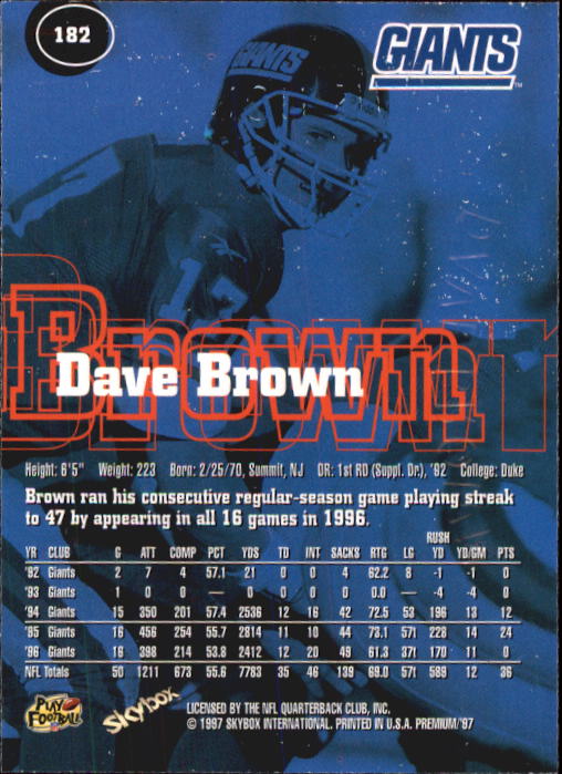 1997 SkyBox Premium #182 Dave Brown back image