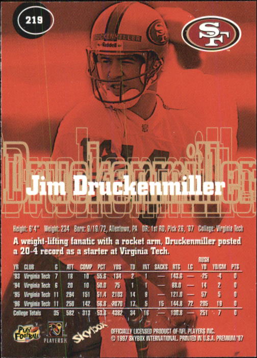 1997 SkyBox Premium #219 Jim Druckenmiller RC back image