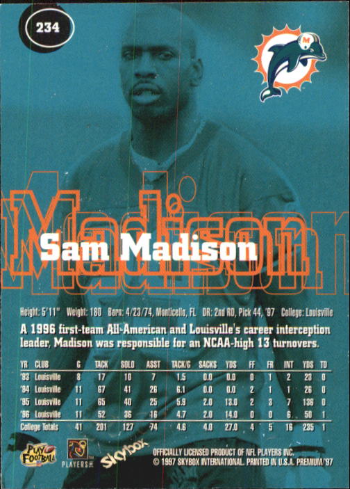 1997 SkyBox Premium #234 Sam Madison RC back image