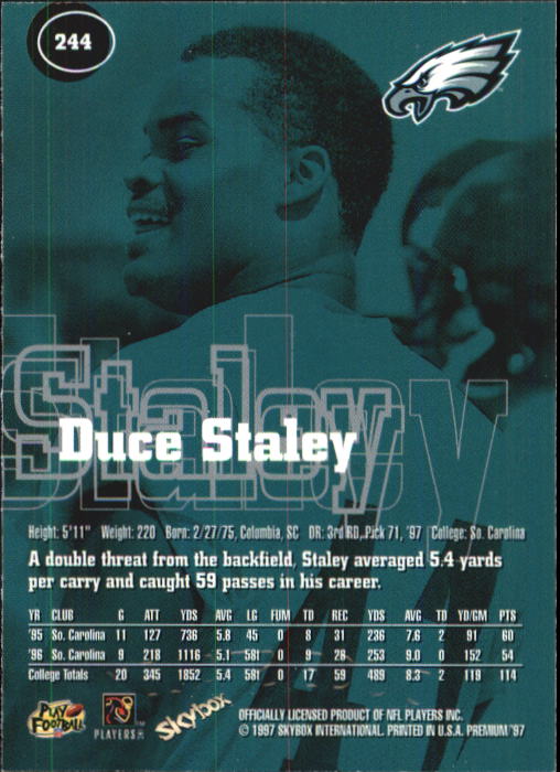 1997 SkyBox Premium #244 Duce Staley RC back image