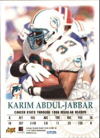 1997 SkyBox Premium Autographics #1 Karim Abdul-Jabbar/(EX/IM/MU/S) back image