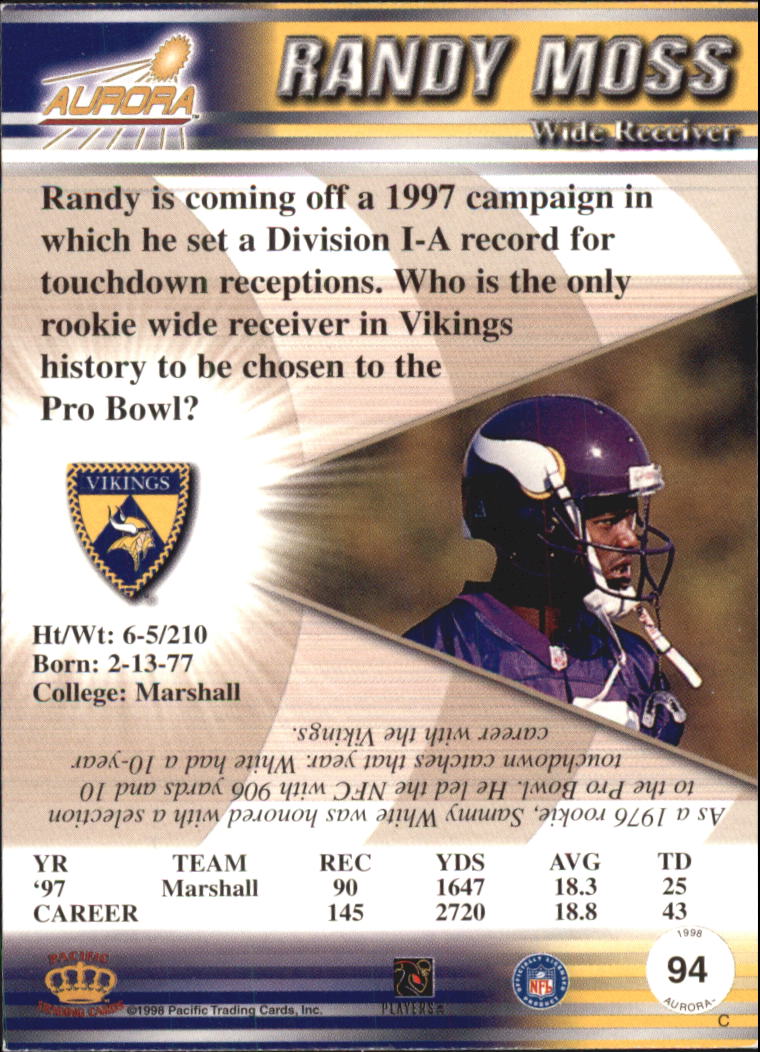 1998 Aurora #94 Randy Moss RC back image