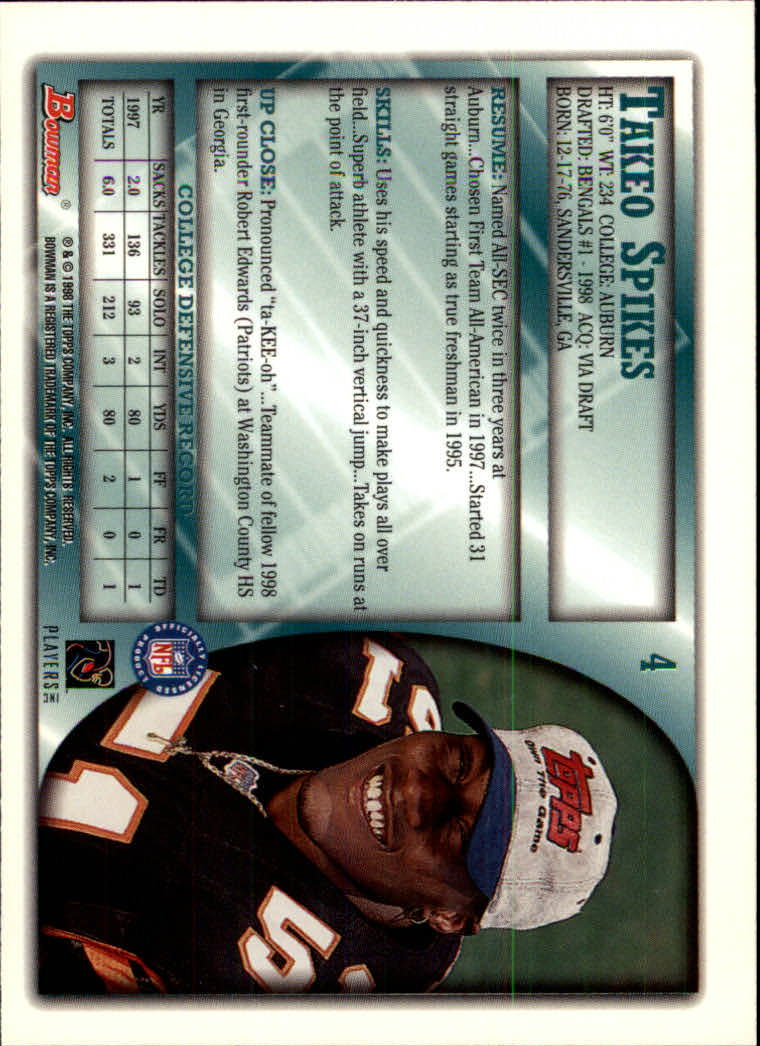 1998 Bowman #4 Takeo Spikes RC back image