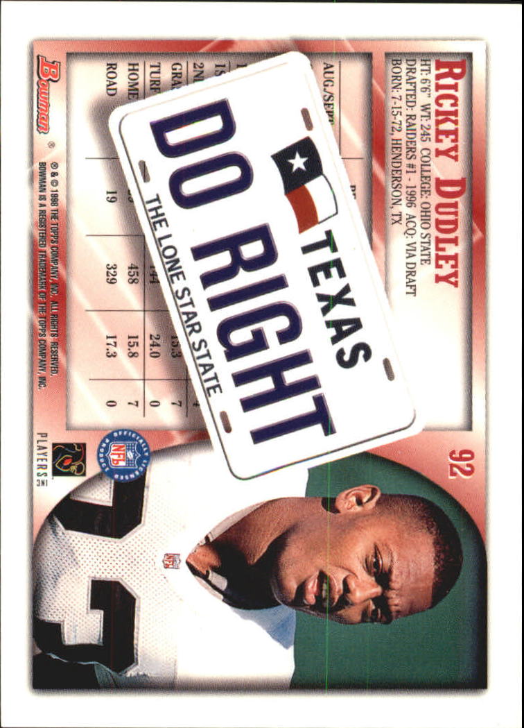 1998 Bowman Interstate #92 Rickey Dudley back image