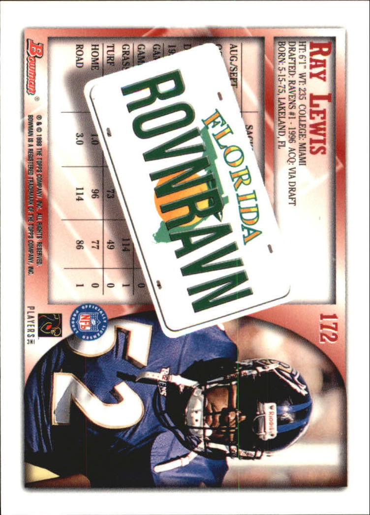 1998 Bowman Interstate #172 Ray Lewis back image