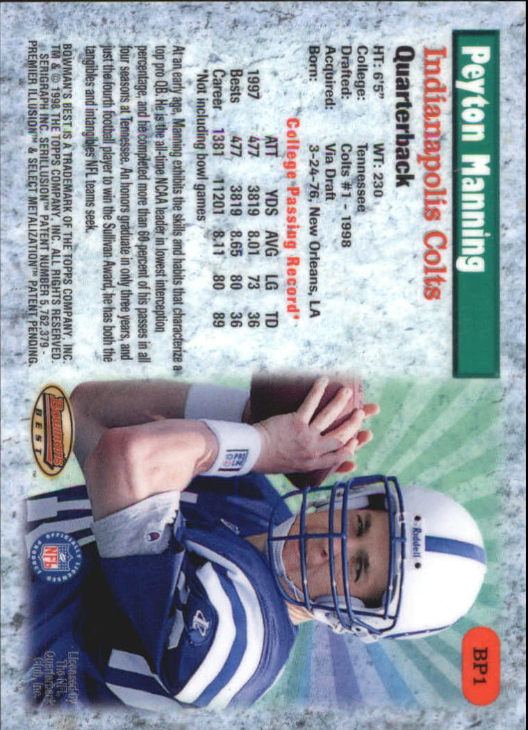 1998 Bowman's Best Performers #BP1 Peyton Manning back image