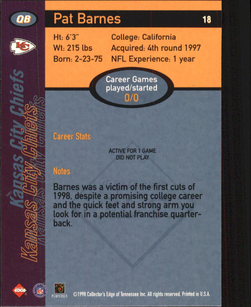 1998 Collector's Edge First Place #18 Pat Barnes back image