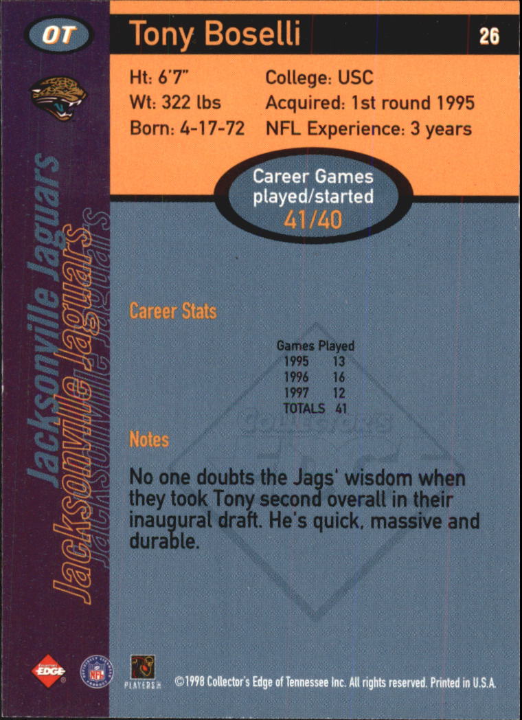 1998 Collector's Edge First Place #26 Tony Boselli back image