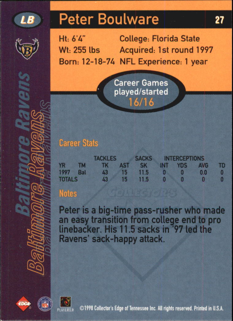 1998 Collector's Edge First Place #27 Peter Boulware back image