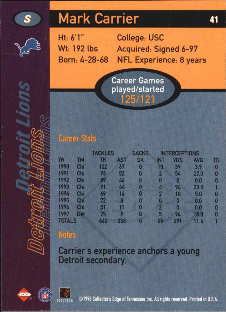 1998 Collector's Edge First Place #41 Mark Carrier back image