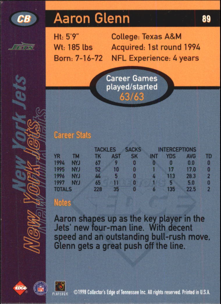 1998 Collector's Edge First Place #89 Aaron Glenn back image
