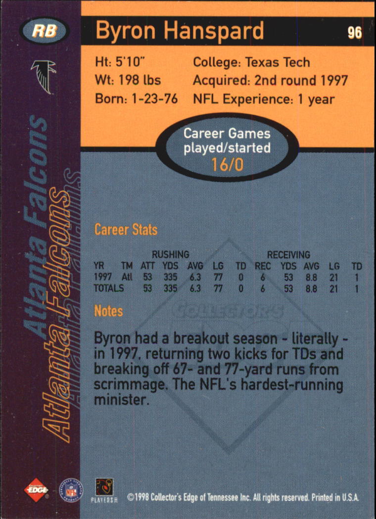 1998 Collector's Edge First Place #96 Byron Hanspard back image