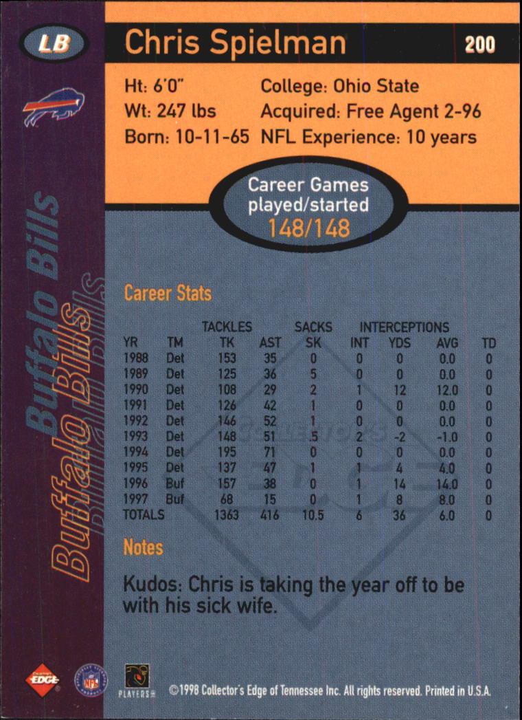 1998 Collector's Edge First Place #200 Chris Spielman back image