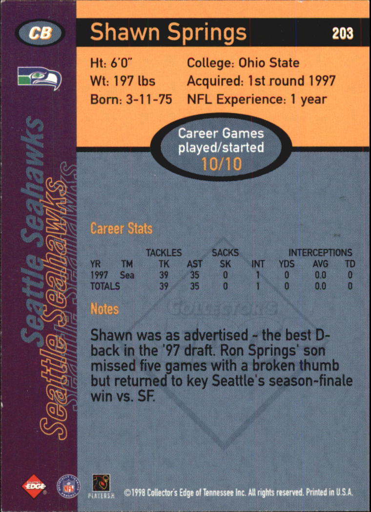 1998 Collector's Edge First Place #203 Shawn Springs back image