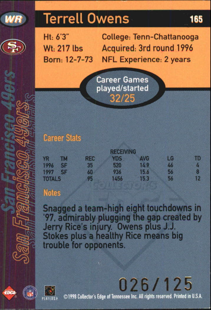 1998 Collector's Edge First Place 50-Point Silver #165 Terrell Owens