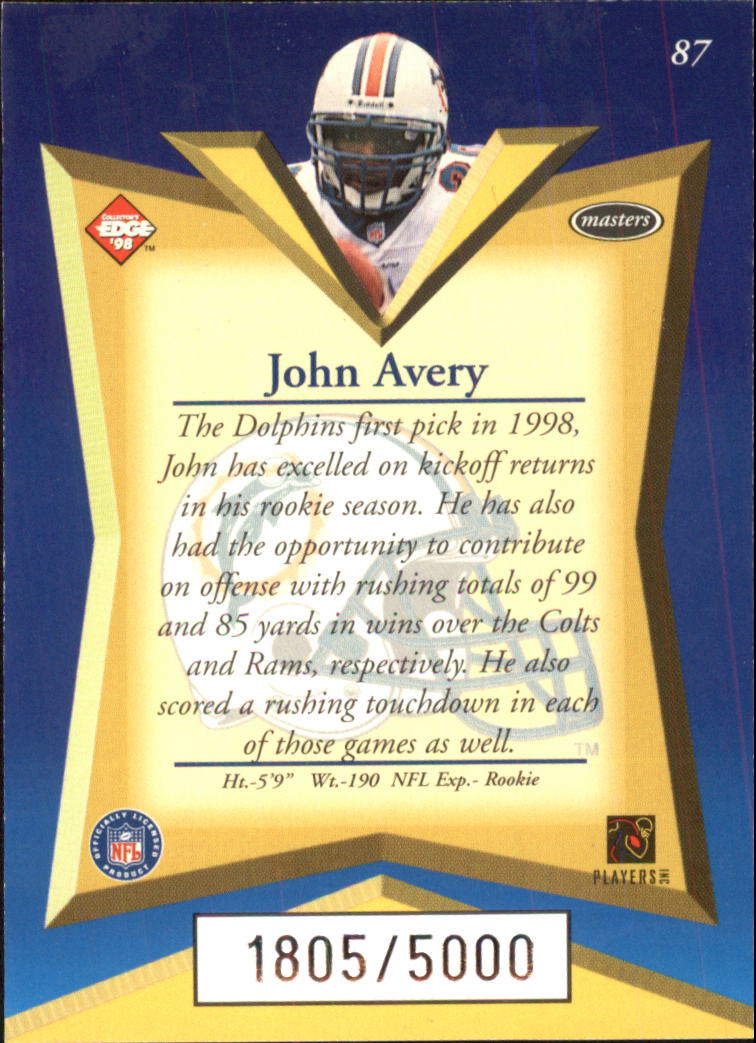 1998 Collector's Edge Masters #87 John Avery RC back image