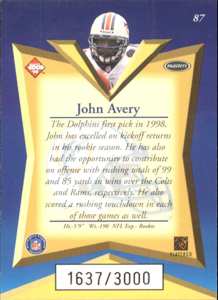 1998 Collector's Edge Masters 50-point #87 John Avery back image