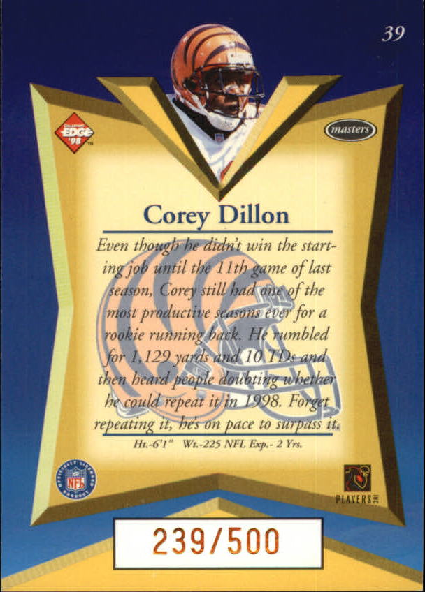 1998 Collector's Edge Masters Gold Redemption 500 #39 Corey Dillon back image