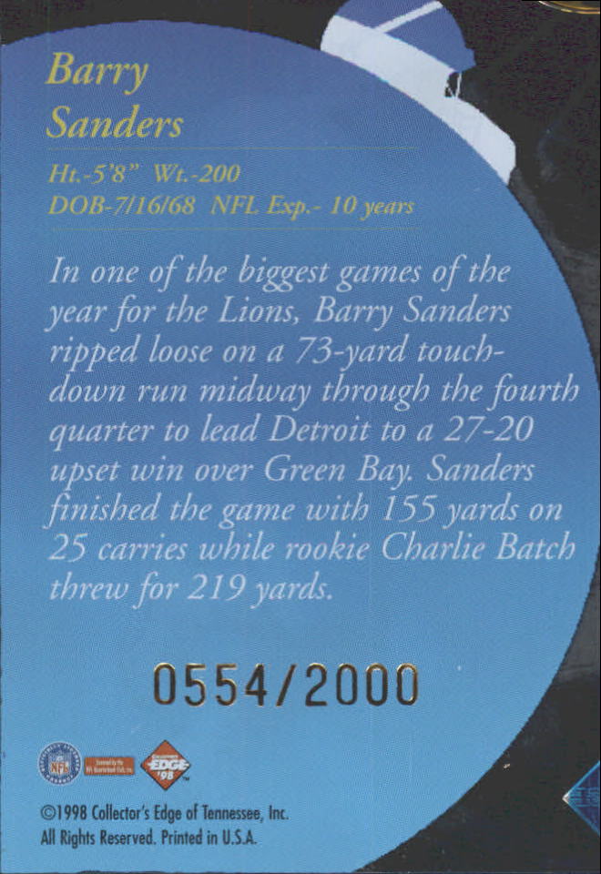 1998 Collector's Edge Masters Main Event #ME18 Barry Sanders back image