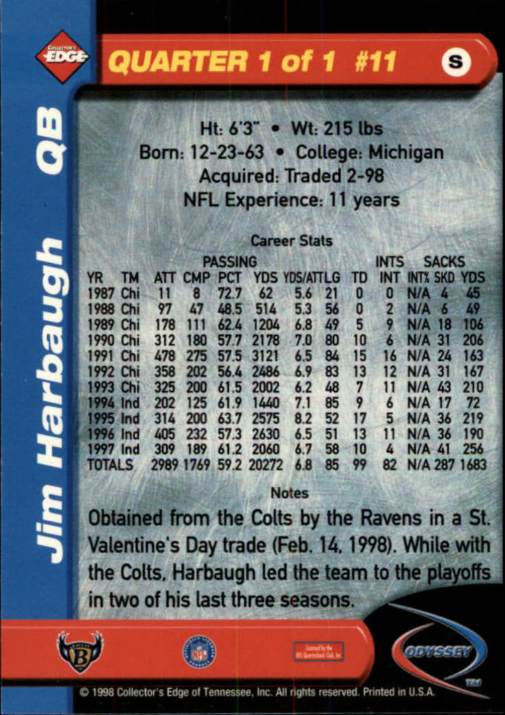 1998 Collector's Edge Odyssey #11 Jim Harbaugh back image