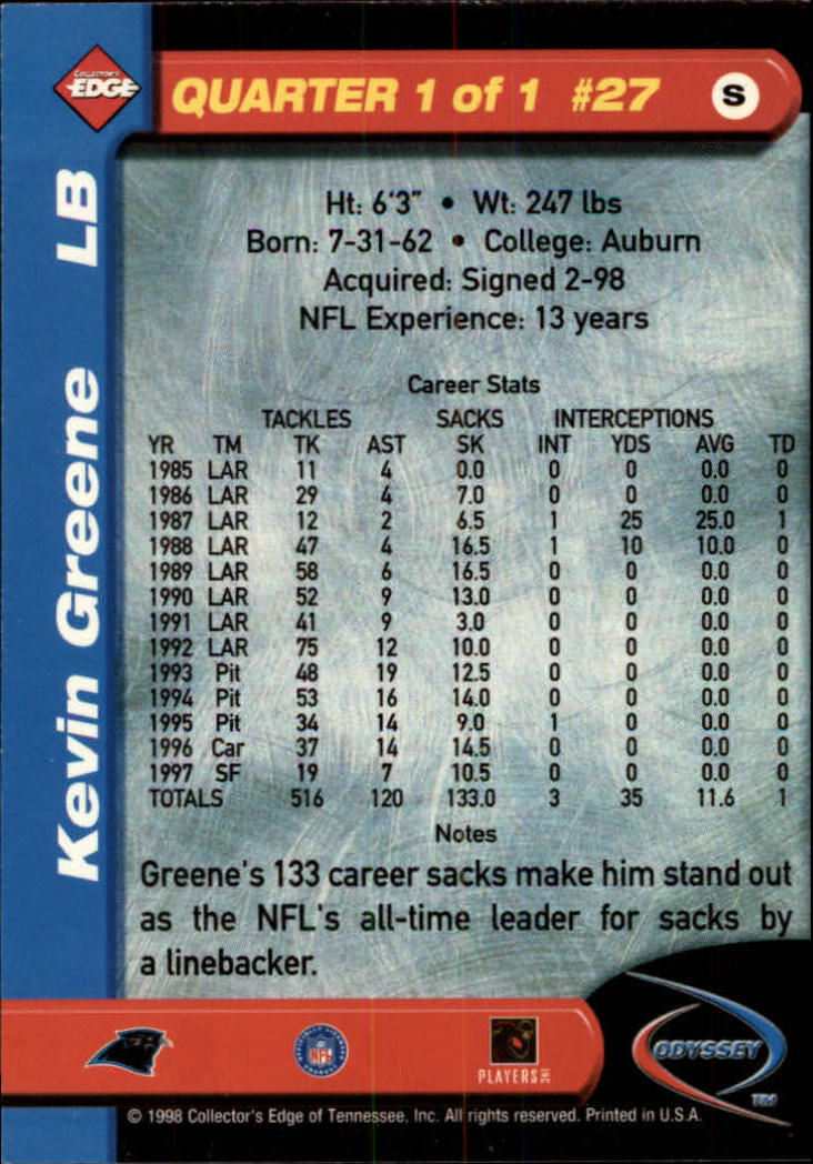1998 Collector's Edge Odyssey #27 Kevin Greene back image