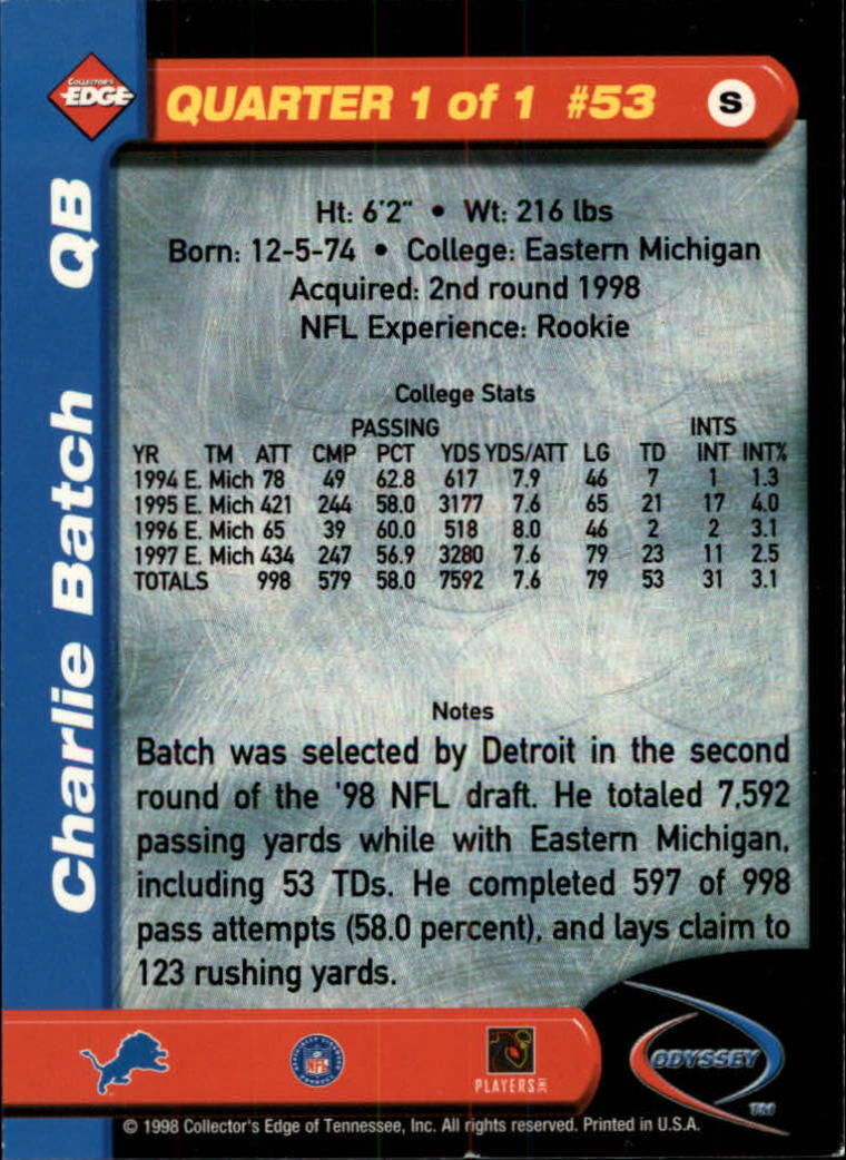 1998 Collector's Edge Odyssey #53 Charlie Batch RC back image